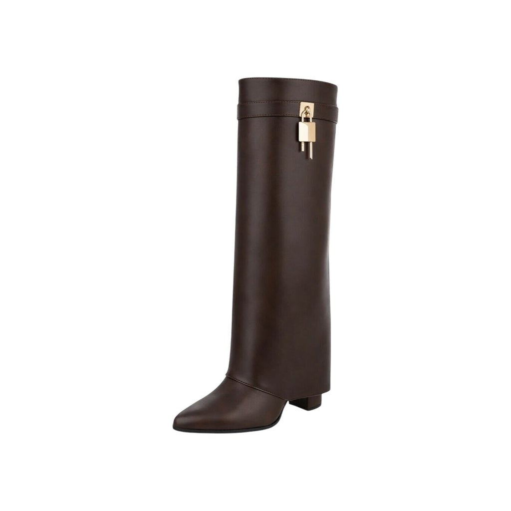 So and Ro dark brown faux leather knee-high boots with a fold-over cuff and gold padlock detail.