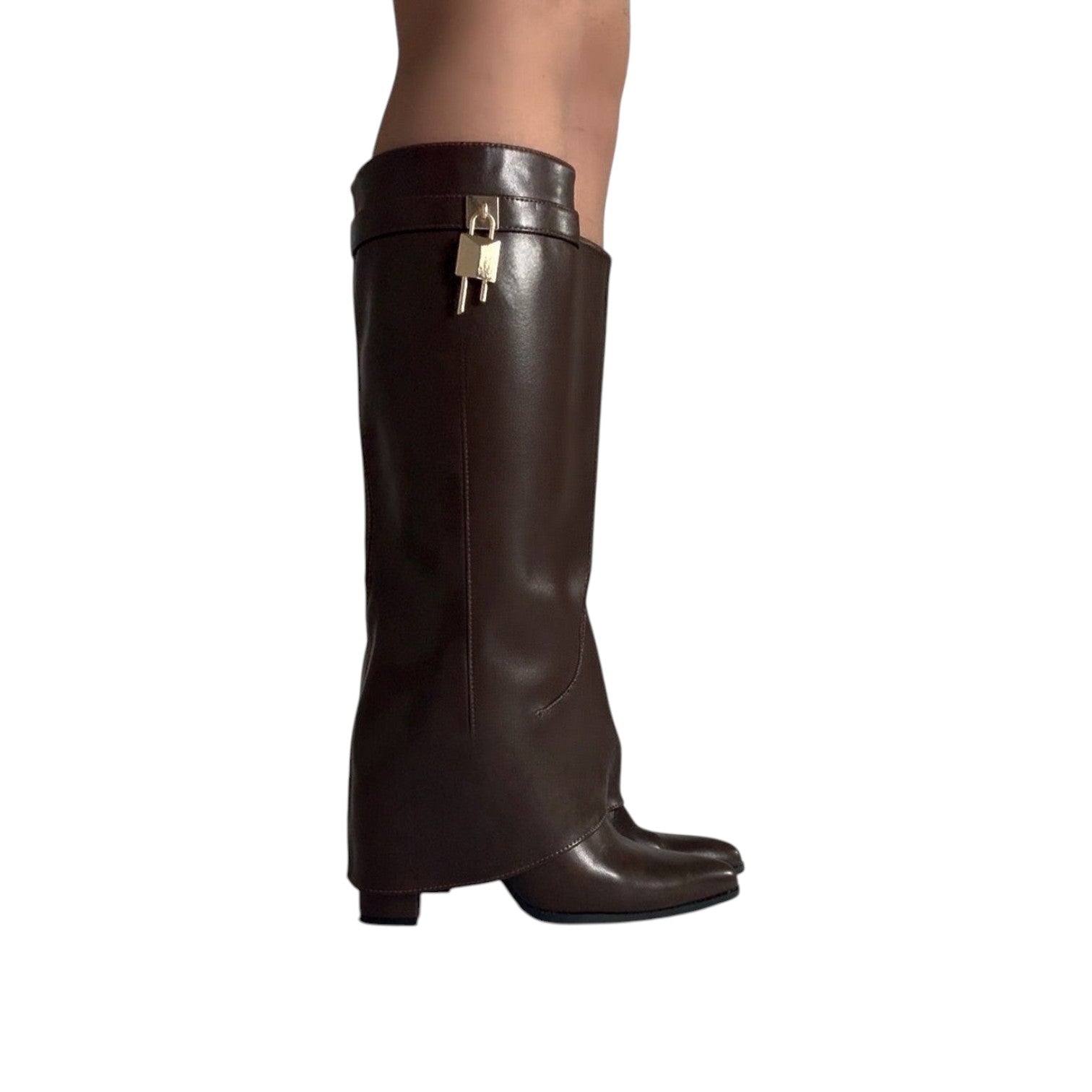 So and Ro dark brown faux leather knee-high boots with fold-over cuff and gold lock detail.