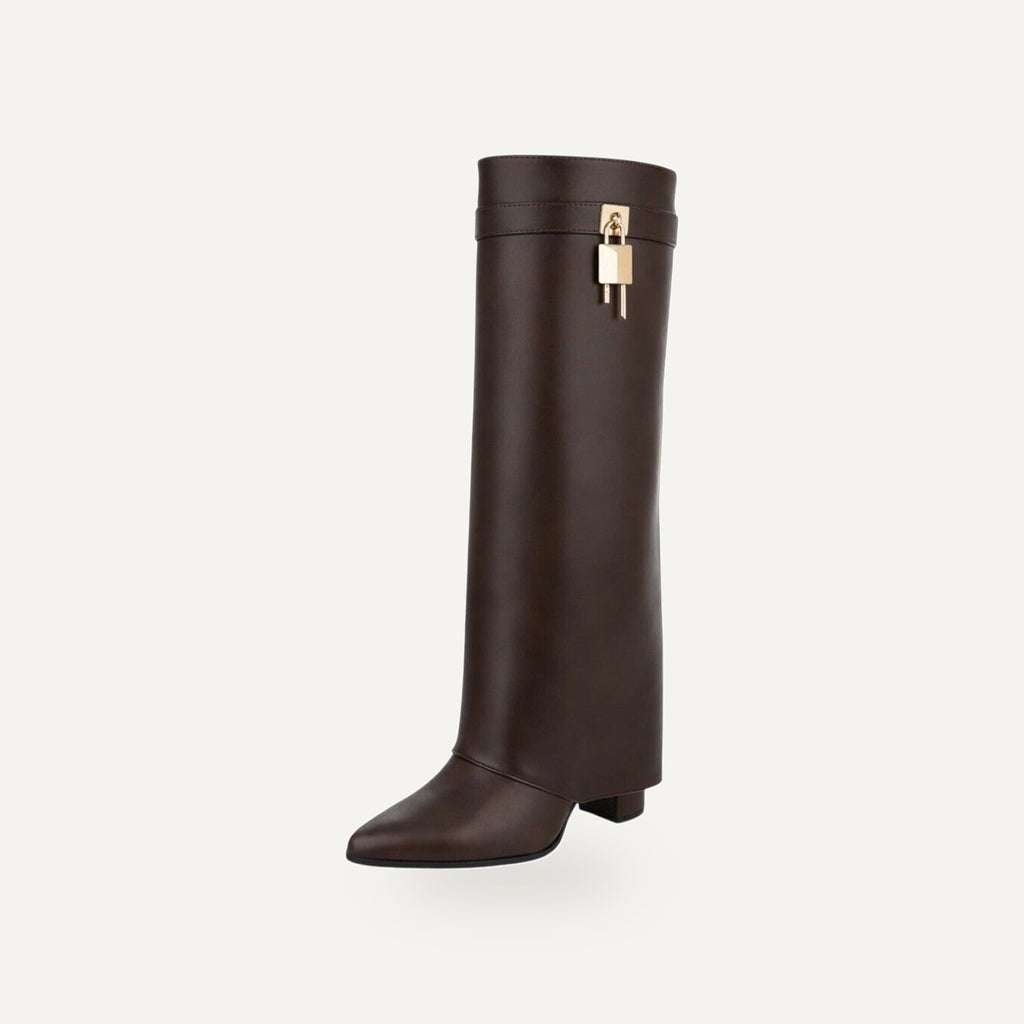 So and Ro dark brown faux leather knee-high boots with fold-over top and gold lock detail.