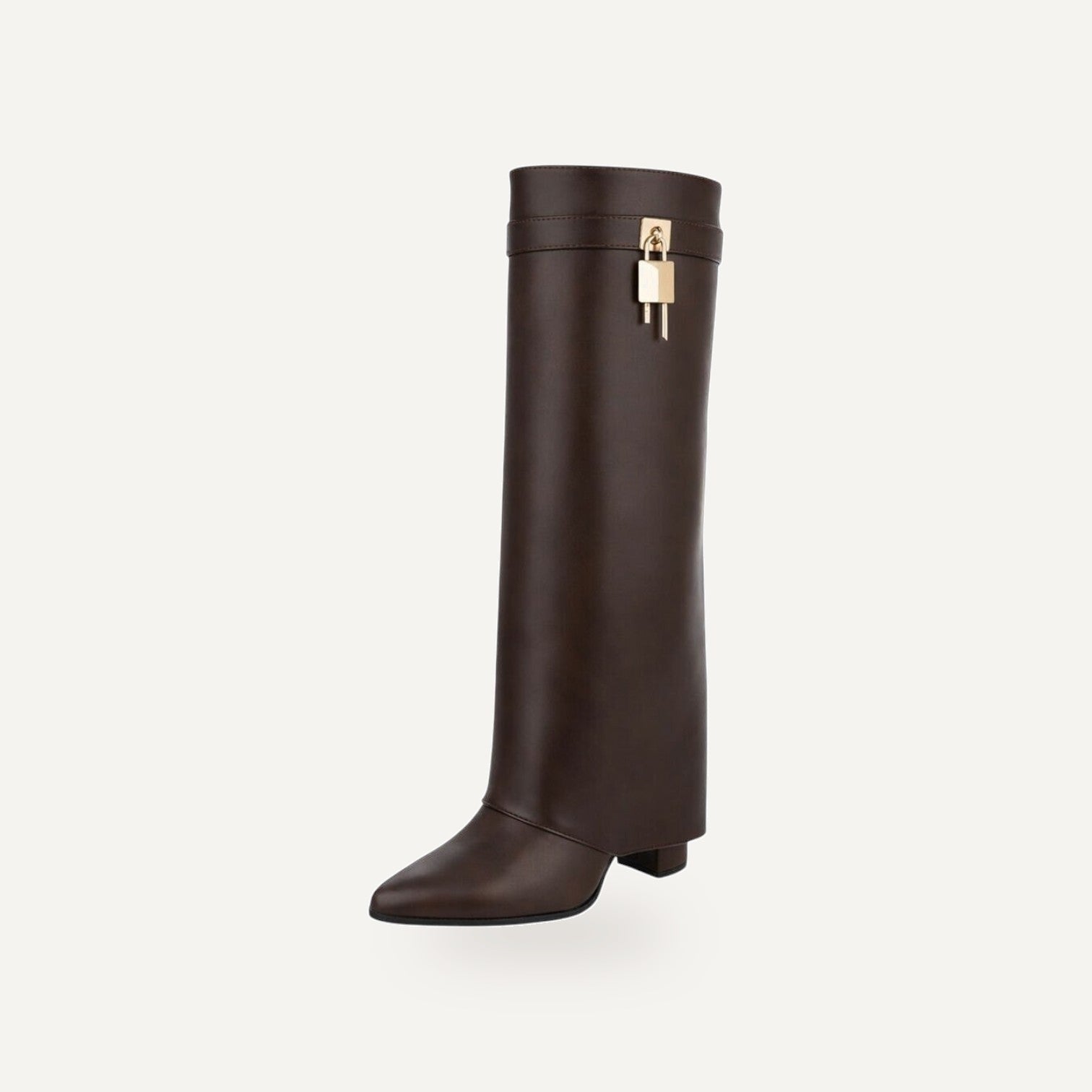 So and Ro dark brown faux leather knee-high boots with fold-over top and gold lock detail.
