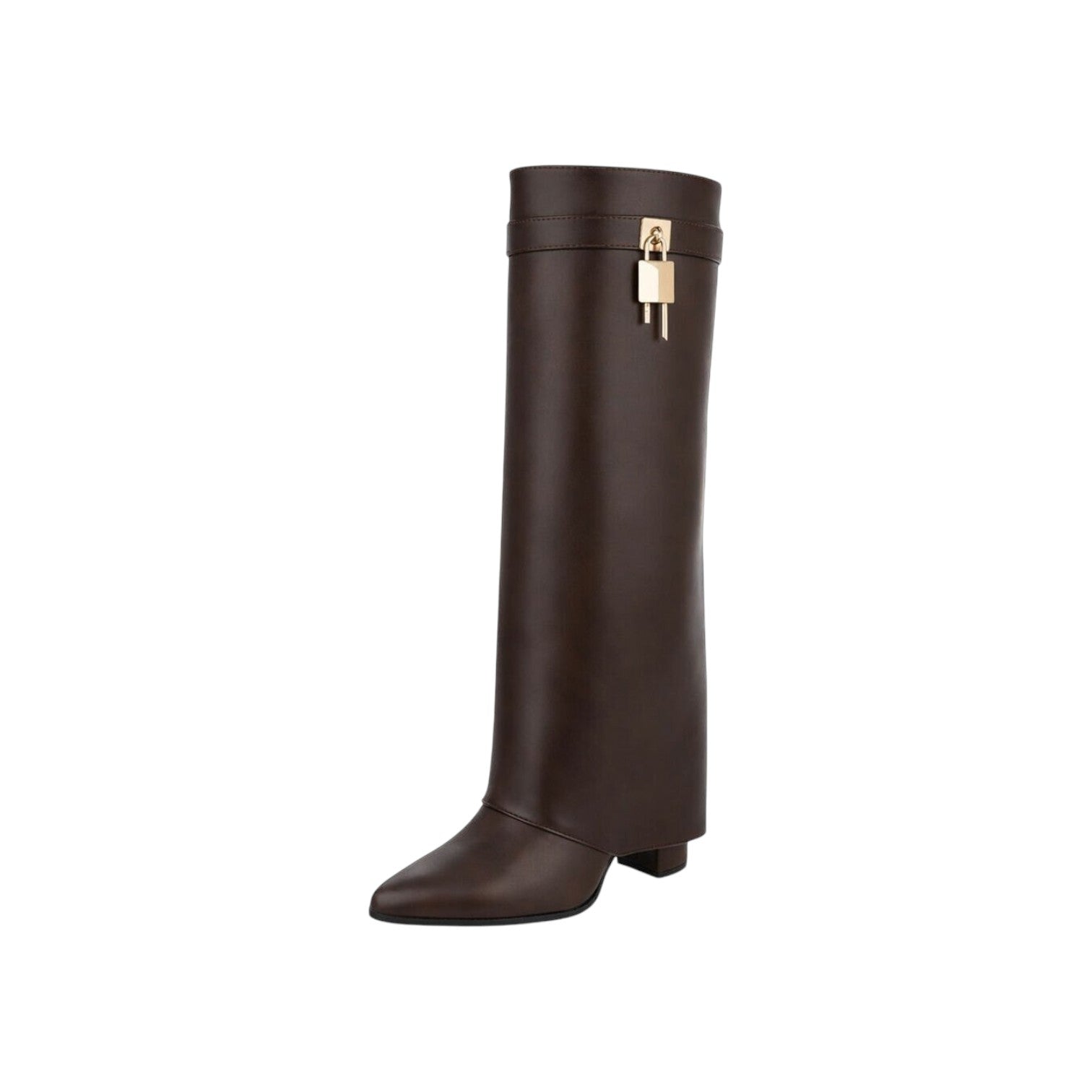 So and Ro dark brown faux leather knee-high boots with fold-over top and gold lock detail.