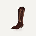 So and Ro brown micro suede cowboy boots with contrast metallic embroidery and pointed toe.