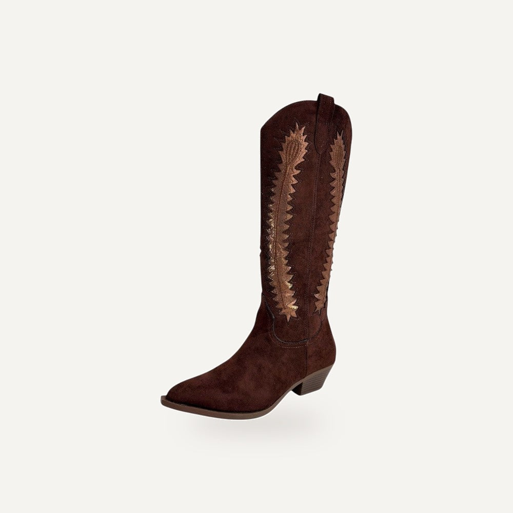 Bruine suède cowboy boots met bronze contrast borduursel - festival laarzen voor dames