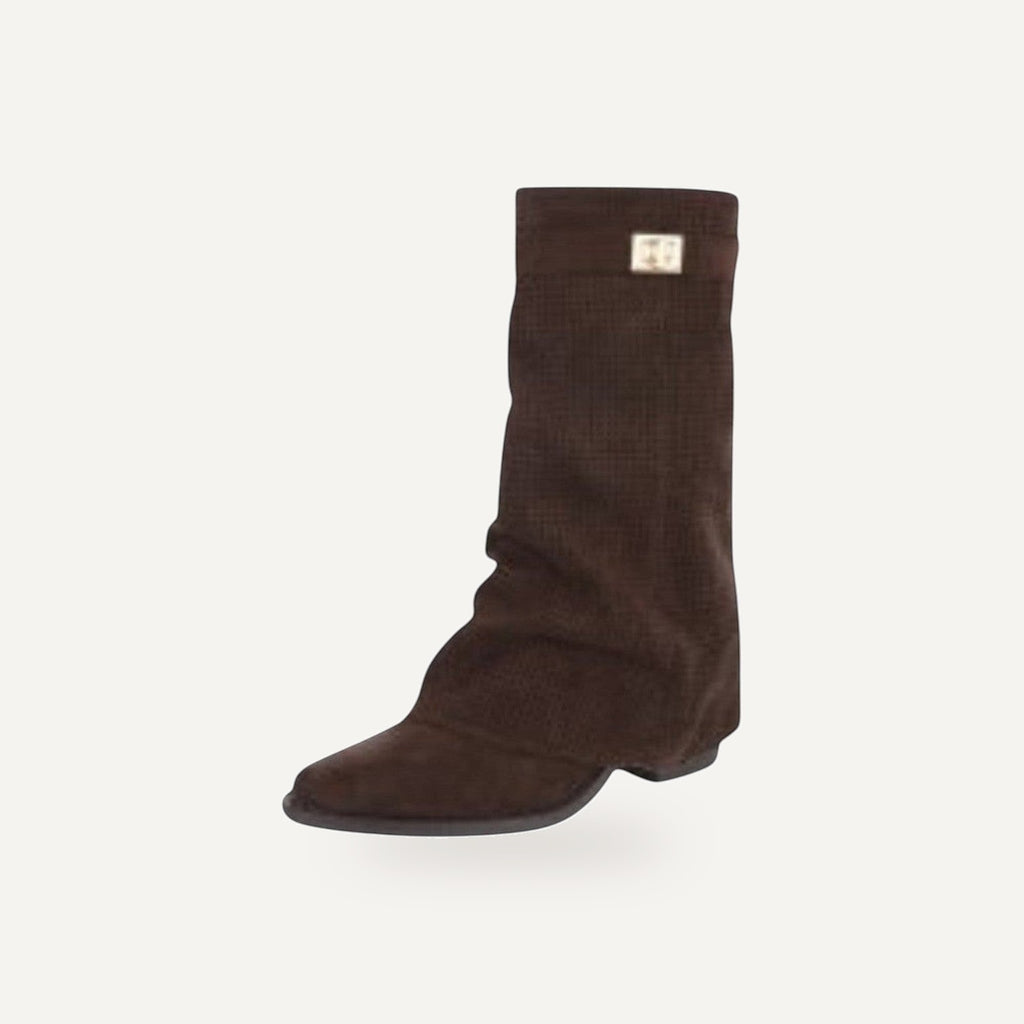 So and Ro brown micro-suede slouch boot with buckle detail, perfect for a bohemian or western-inspired look.