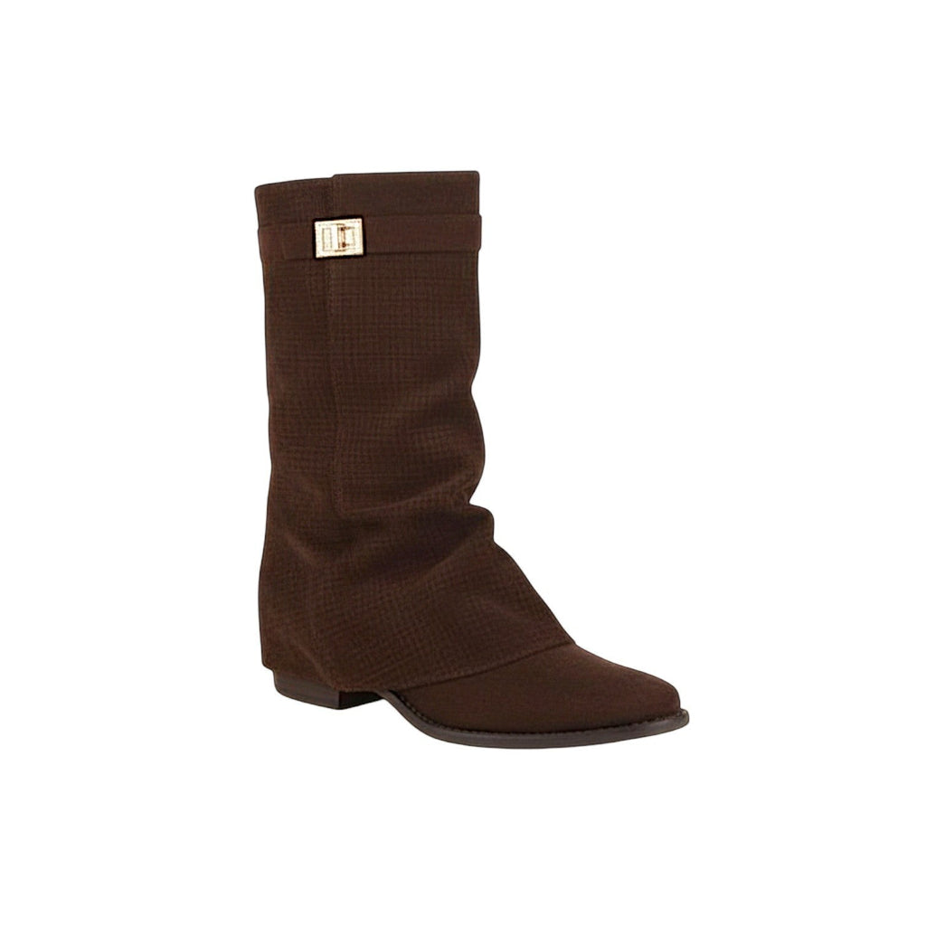 So and Ro brown micro-suede slouch boots with buckle detail. Mid-calf height, pointed toe, and low heel.