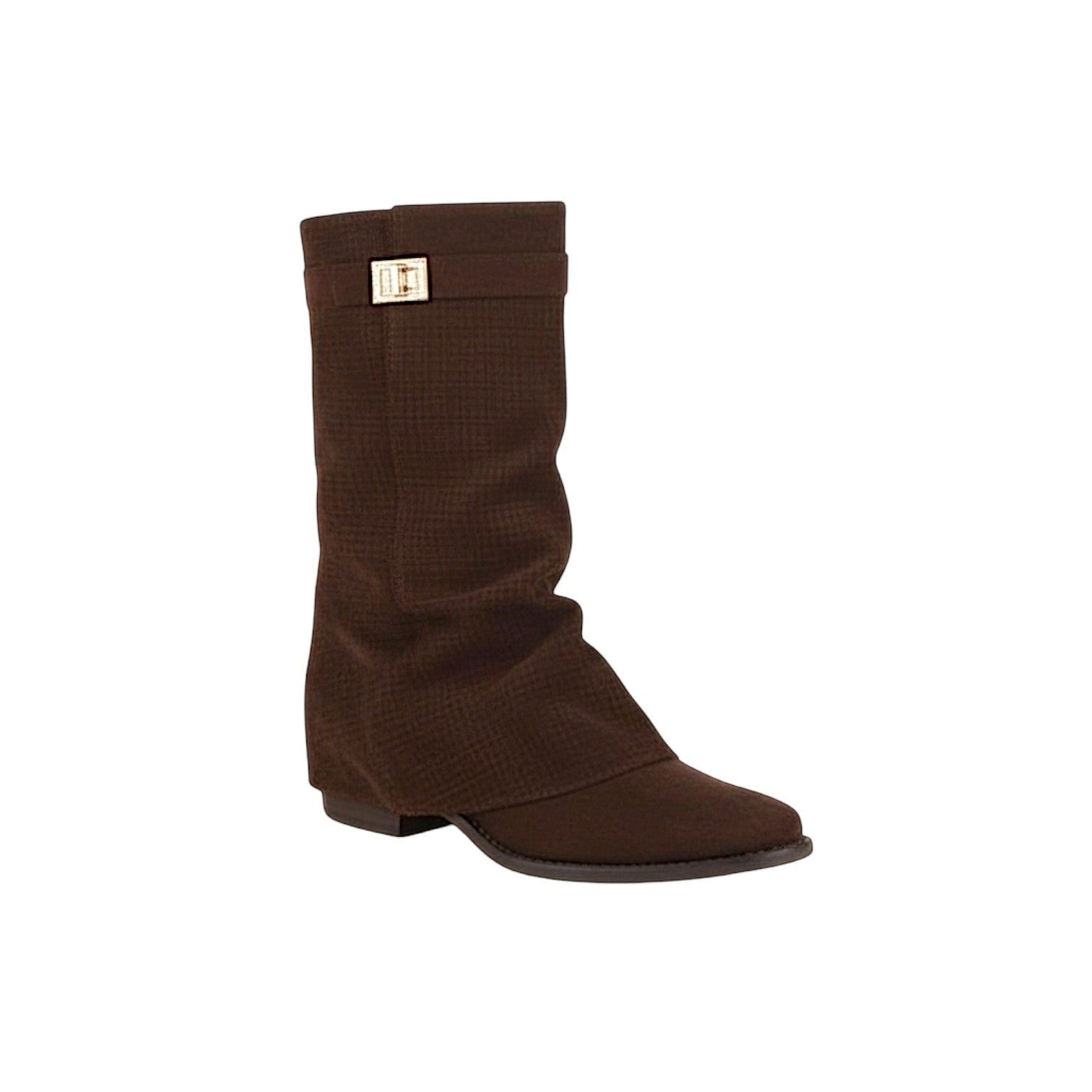 So and Ro brown micro-suede slouch boots with buckle detail. Mid-calf height, pointed toe, and low heel.