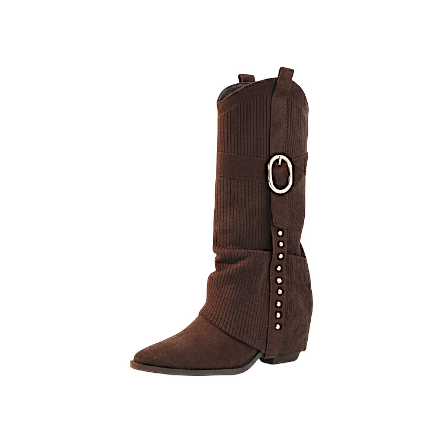 So and Ro brown micro-suede western cowboy boots with decorative buckle and stud details.