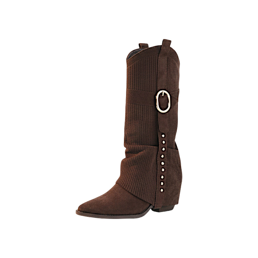 So and Ro brown micro-suede western cowboy boots with decorative buckle and side studs.