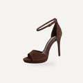 So and Ro chocolate brown micro suede platform stiletto sandals with ankle strap and open toe.