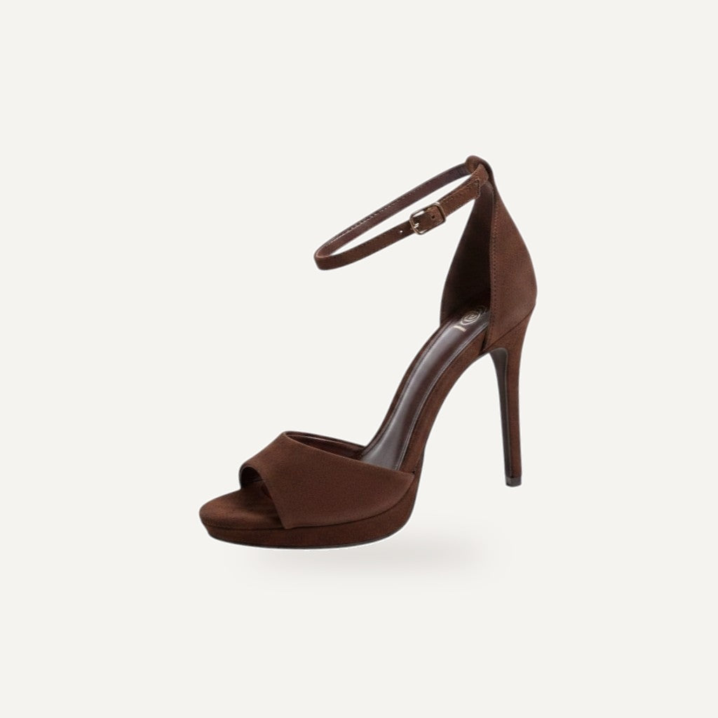 So and Ro chocolate brown micro suede platform stiletto sandals with ankle strap and open toe.