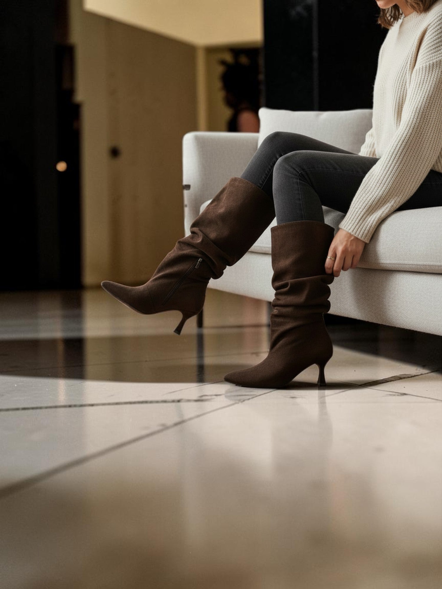 So and Ro chocolate brown faux-suede slouchy knee-high boots with pointed toe and sculpted heel.
