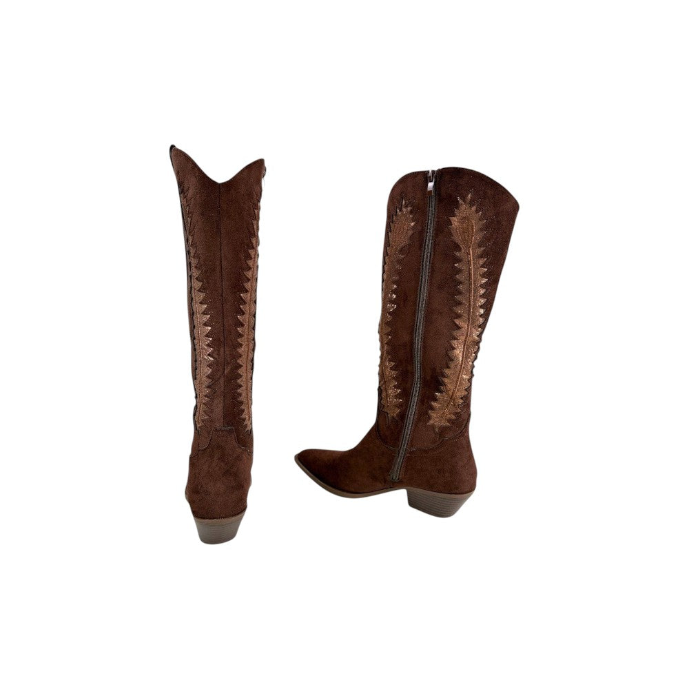 So and Ro brown micro suede cowboy boots with contrast metallic embroidery and pointed toe.