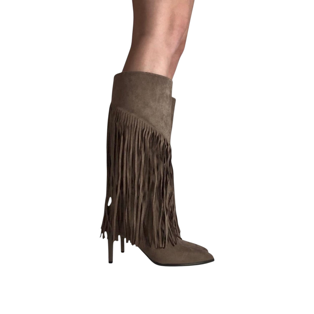 So and Ro brown micro suede knee-high boots with pointed toe, stiletto heel, and dramatic fringe detail.