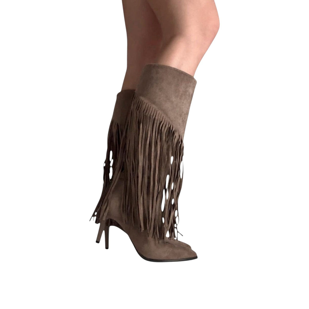 So and Ro brown micro suede knee-high boots with dramatic fringe detail and pointed toe stiletto heel.