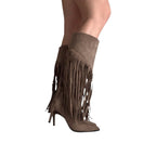 So and Ro brown micro suede knee-high boots with dramatic fringe detail and pointed toe stiletto heel.