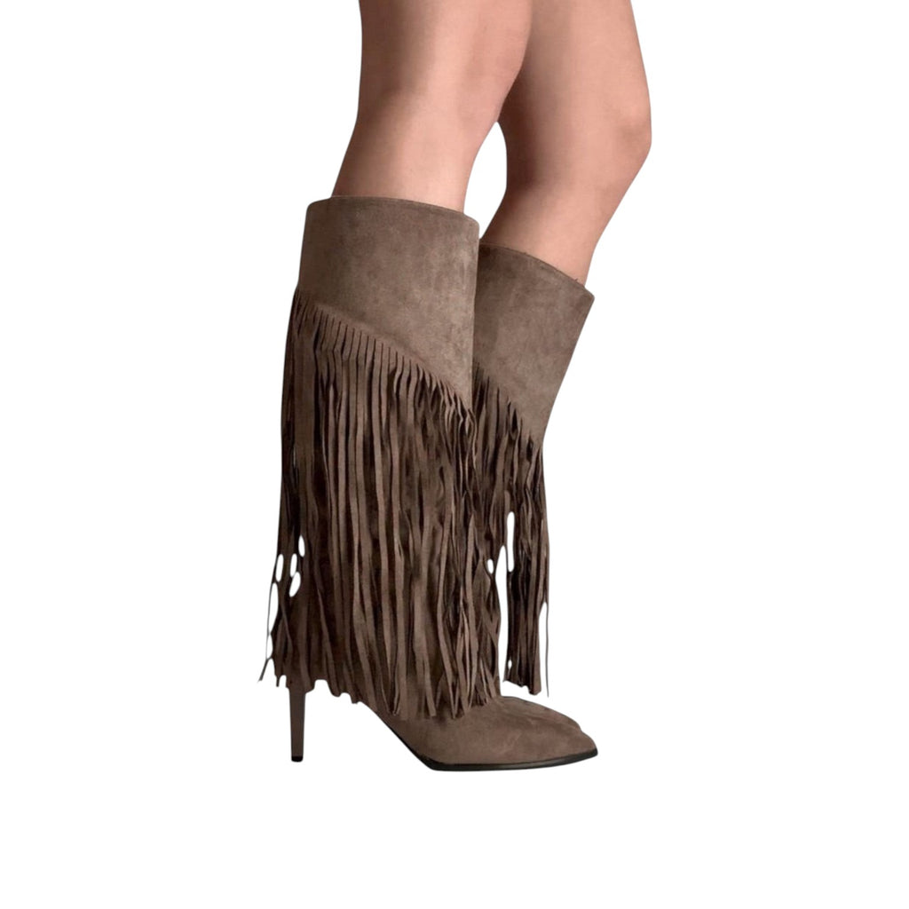 So and Ro brown micro suede knee-high boots with dramatic fringe detail and pointed toe.
