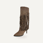 Bruine festival laarzen dames met fringe details in micro suède - boho knee high boots