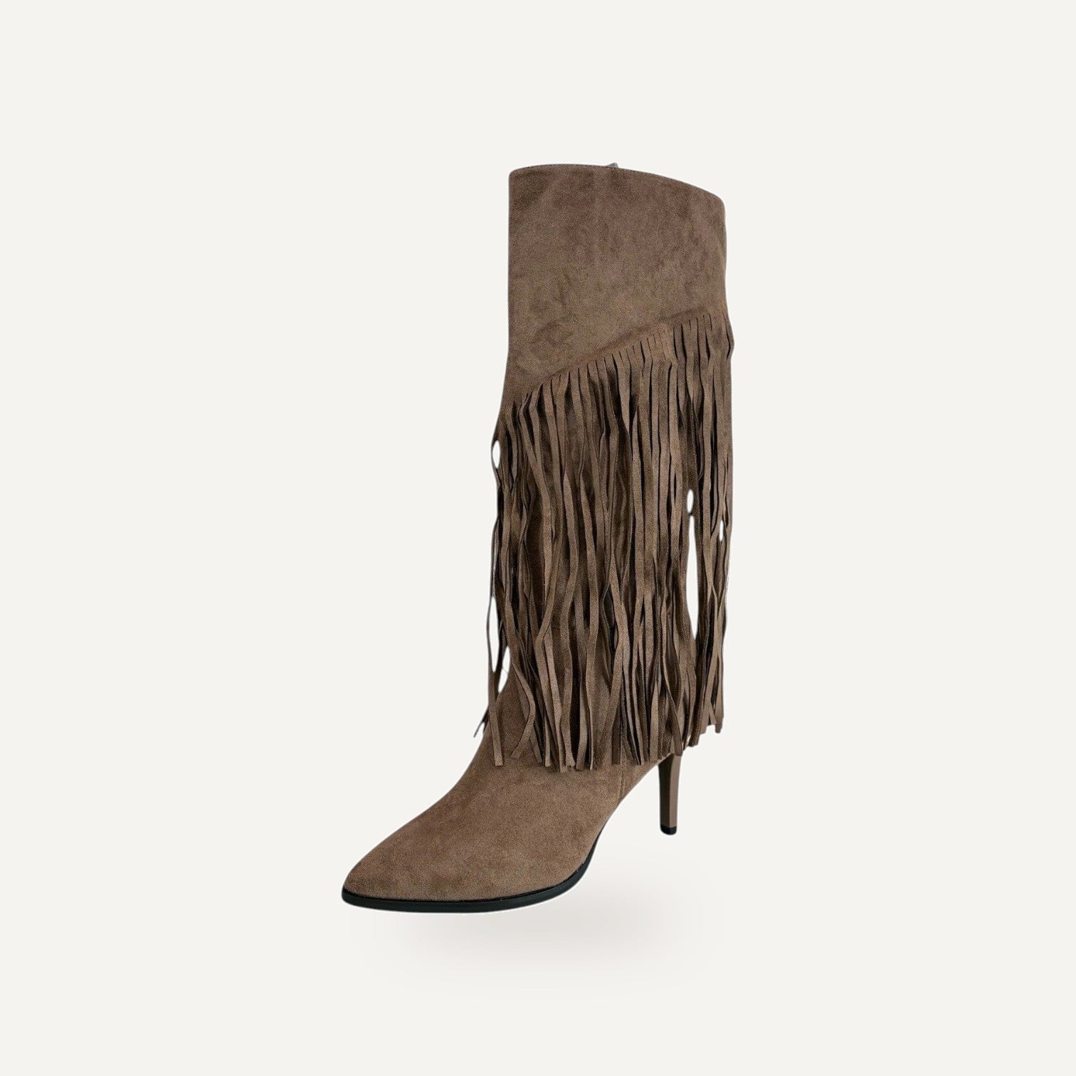 So and Ro brown micro suede knee-high boots with pointed toe, stiletto heel, and dramatic fringe detail.