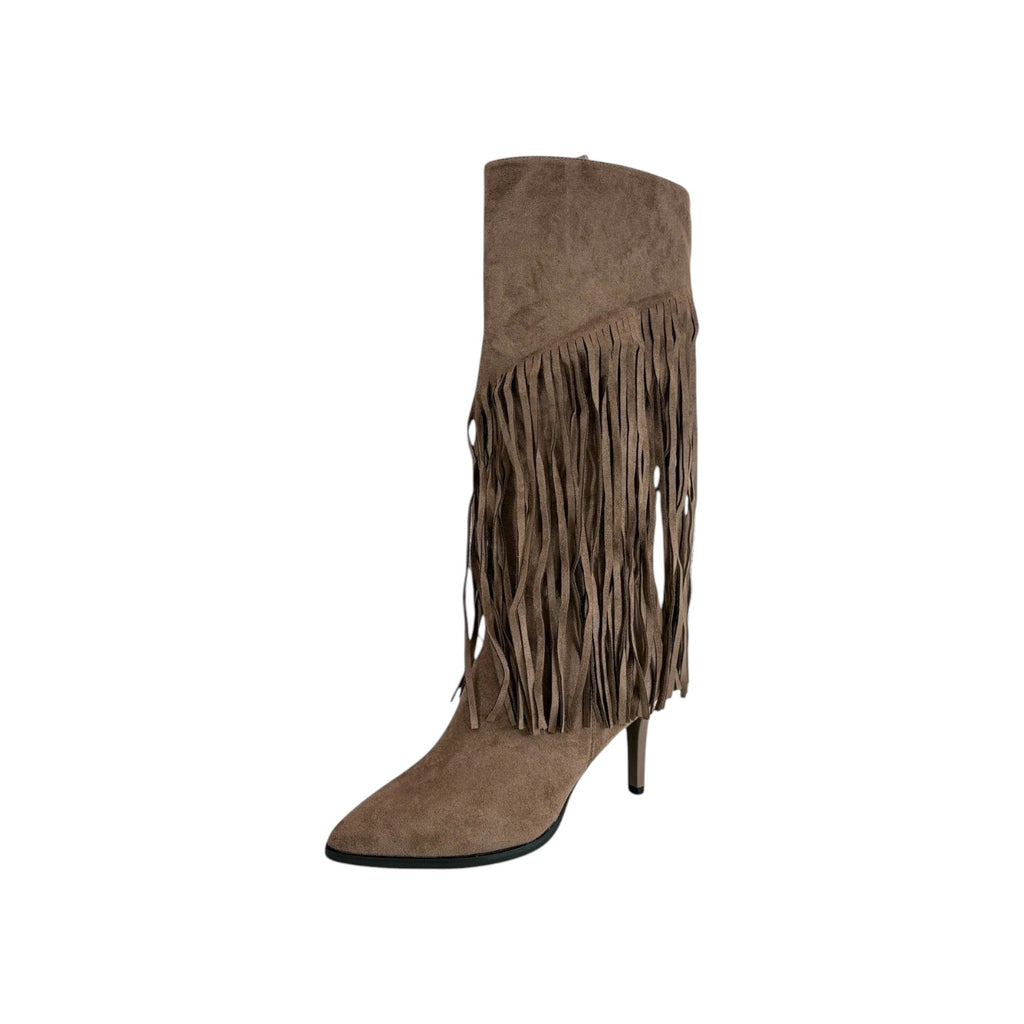 So and Ro brown micro suede knee-high boots with pointed toe, stiletto heel, and dramatic fringe detail.