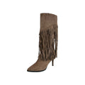 So and Ro brown micro suede knee-high boots with pointed toe, stiletto heel, and dramatic fringe detail.