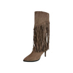 So and Ro brown micro suede knee-high boots with pointed toe, stiletto heel, and dramatic fringe detail.