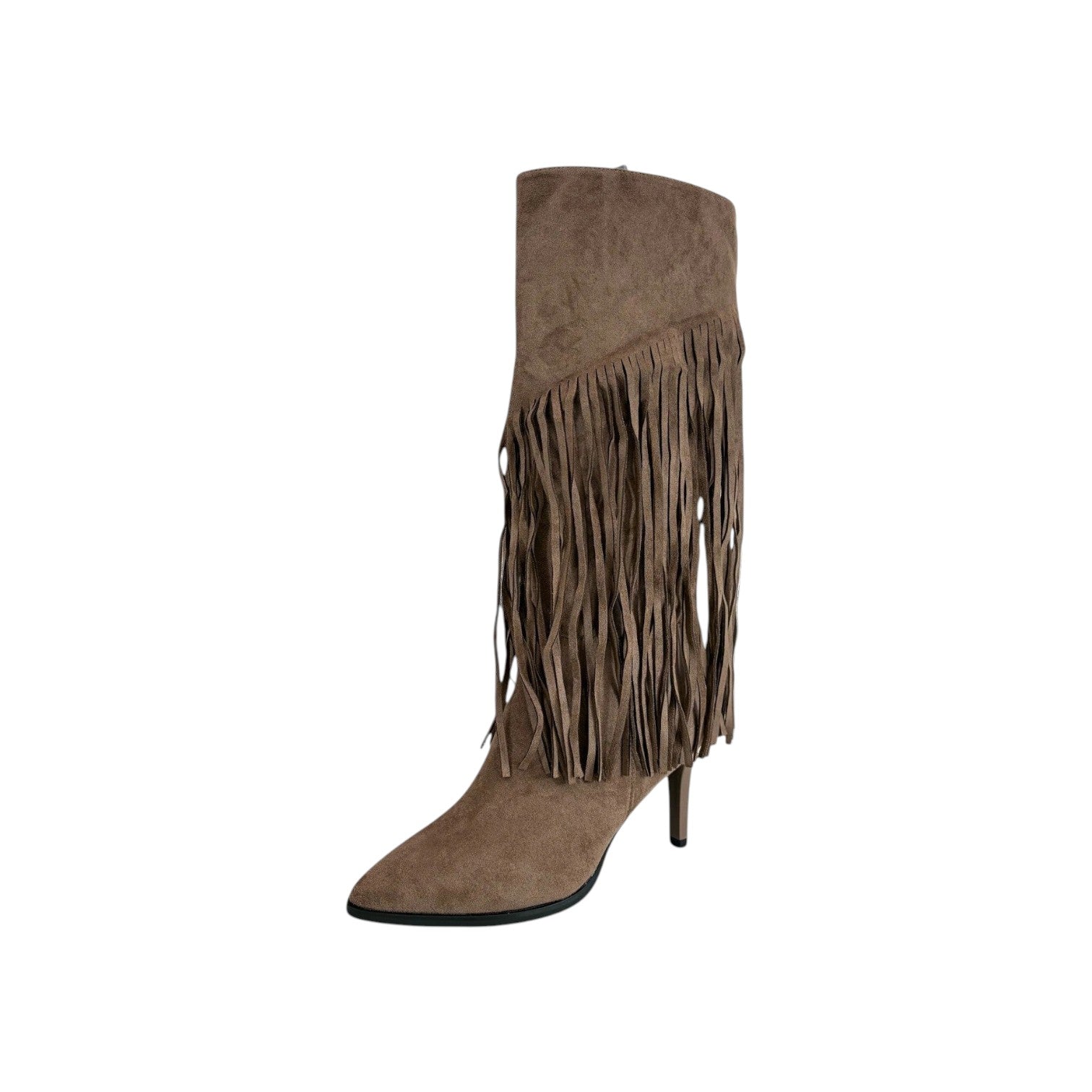 So and Ro brown micro suede knee-high boots with pointed toe, stiletto heel, and dramatic fringe detail.