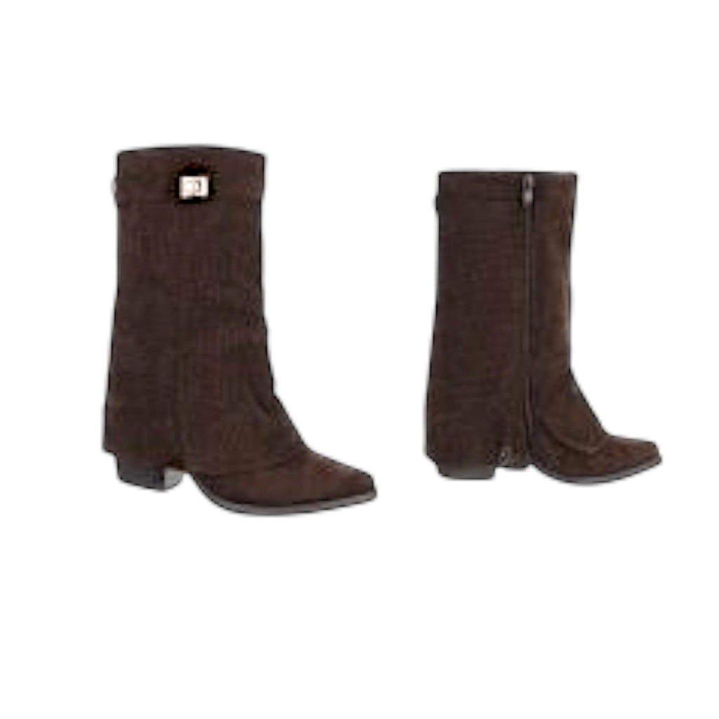 So and Ro brown micro-suede slouch boots with buckle detail and side zipper. Mid-calf height.