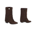 So and Ro brown micro-suede slouch boots with buckle detail and side zipper. Mid-calf height.