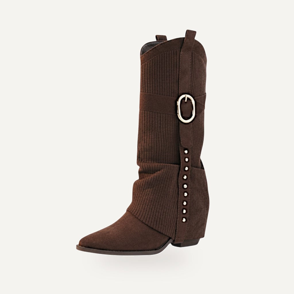 So and Ro brown micro-suede western cowboy boots with decorative buckle and side studs.
