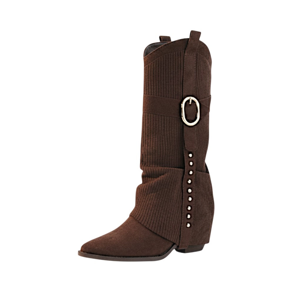 So and Ro brown micro-suede western cowboy boots with decorative buckle and side studs.
