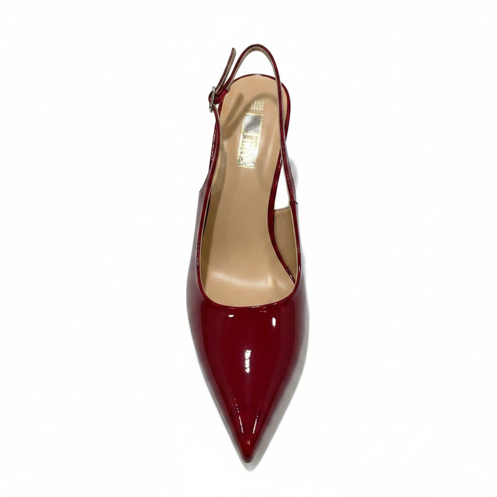 So and Ro burgundy patent leather pointed toe slingback heels with sculpted heel.