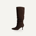 So and Ro chocolate brown faux-suede slouchy knee-high boots with pointed toe and sculpted heel.