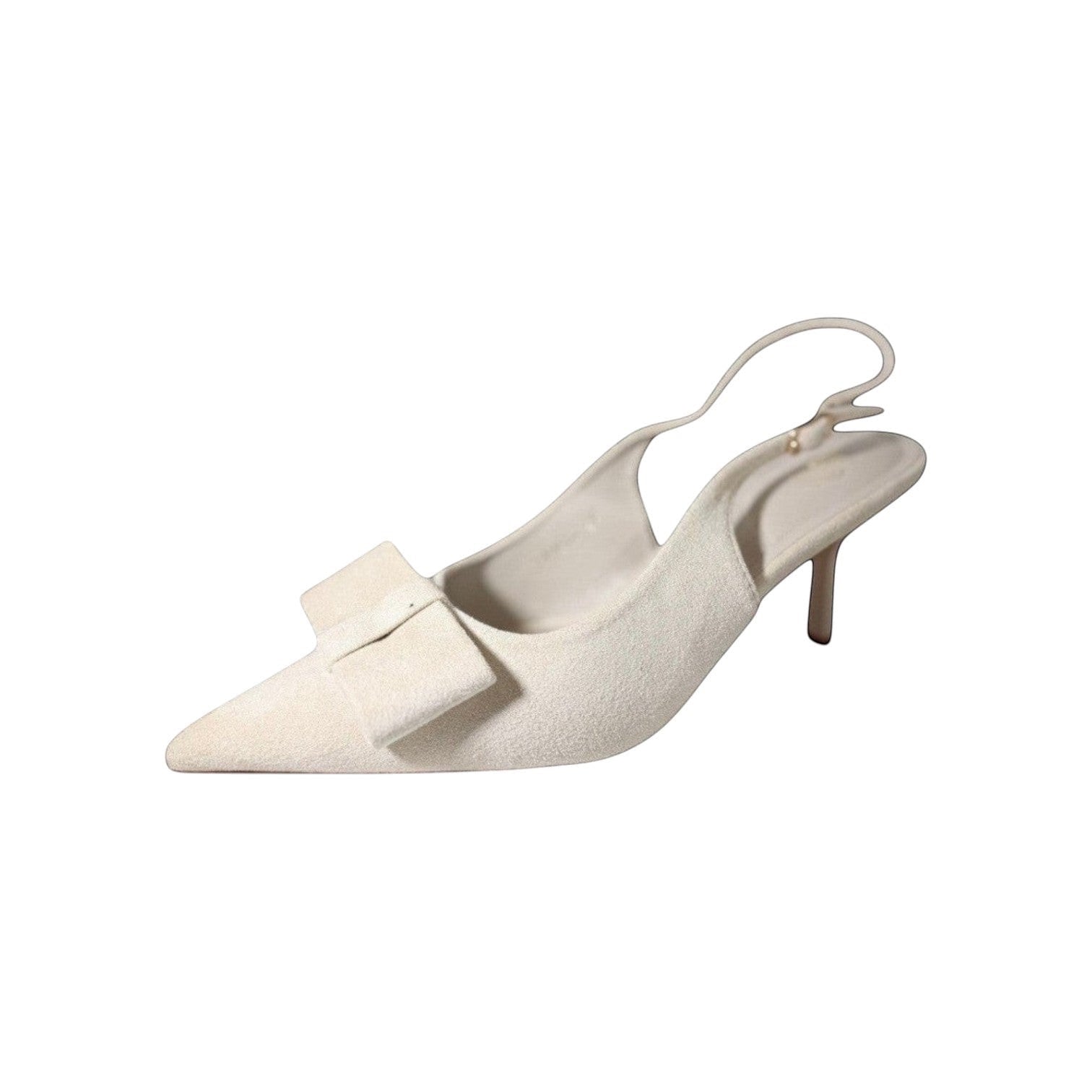 So and Ro cream textured fabric pointed toe slingback heels with bow accent and adjustable strap.