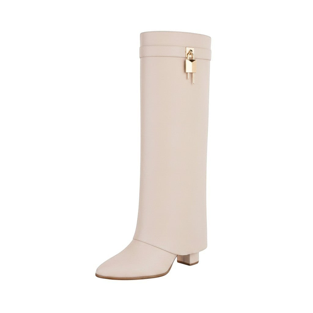 So and Ro cream faux leather fold-over knee-high boots with gold padlock accent and block heel.