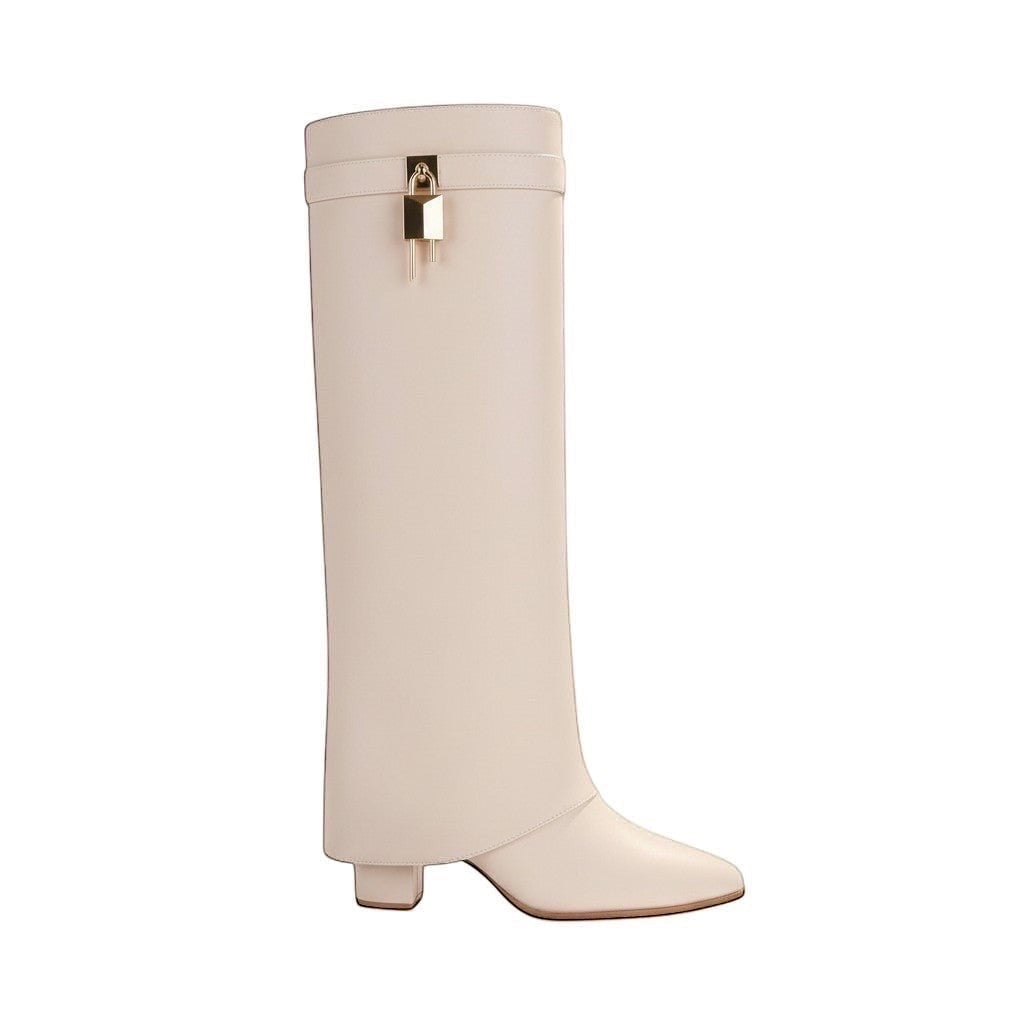 So and Ro cream faux leather fold-over knee-high boots with gold padlock accent and block heel.