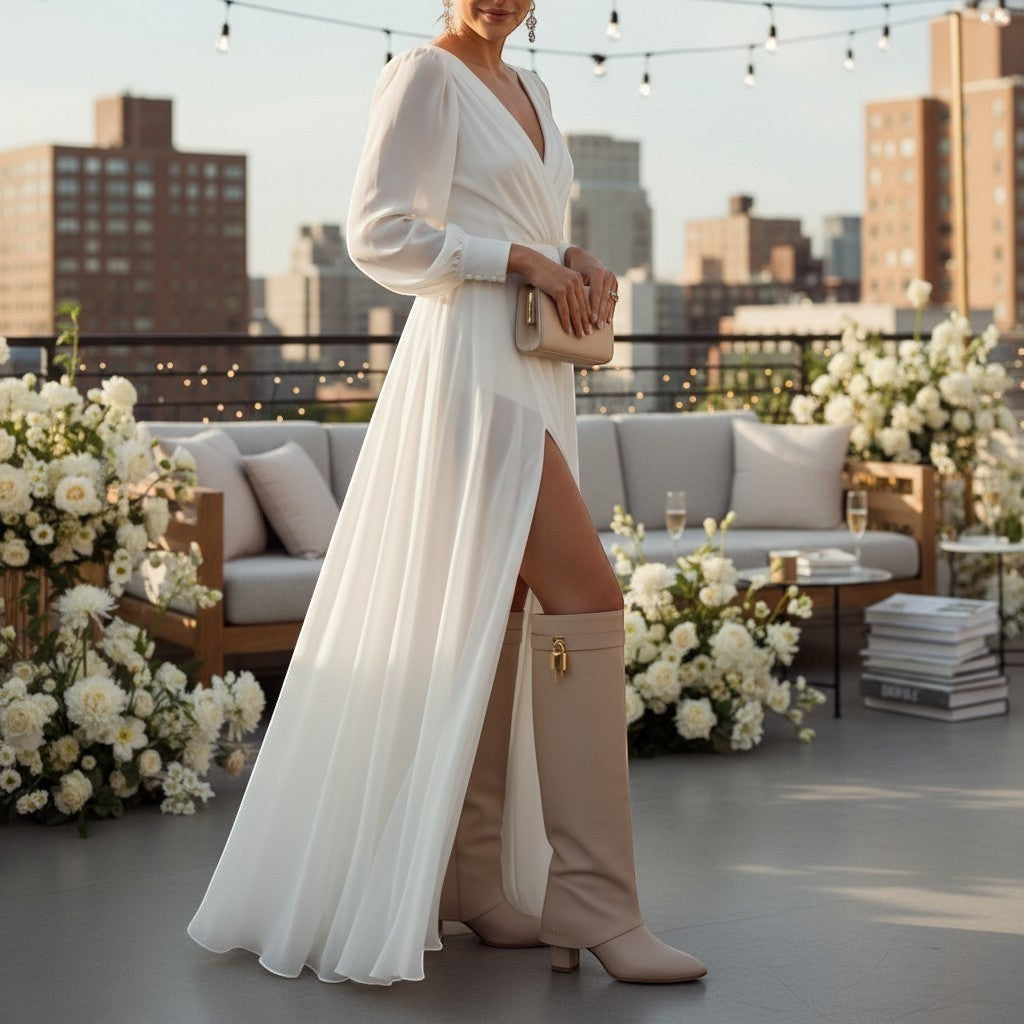 So and Ro cream faux leather fold-over knee-high boots with gold padlock accent and block heel.