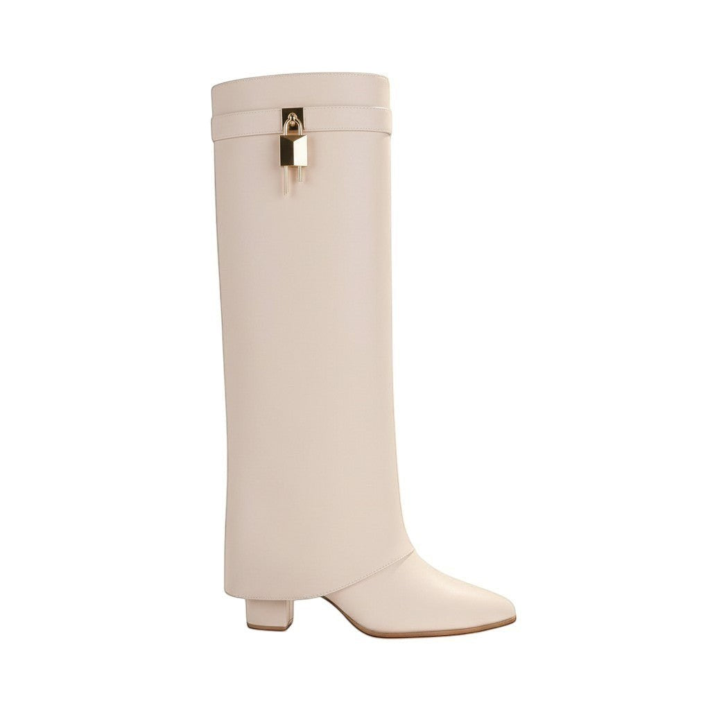 So and Ro cream faux leather fold-over knee-high boots with gold padlock accent and block heel.