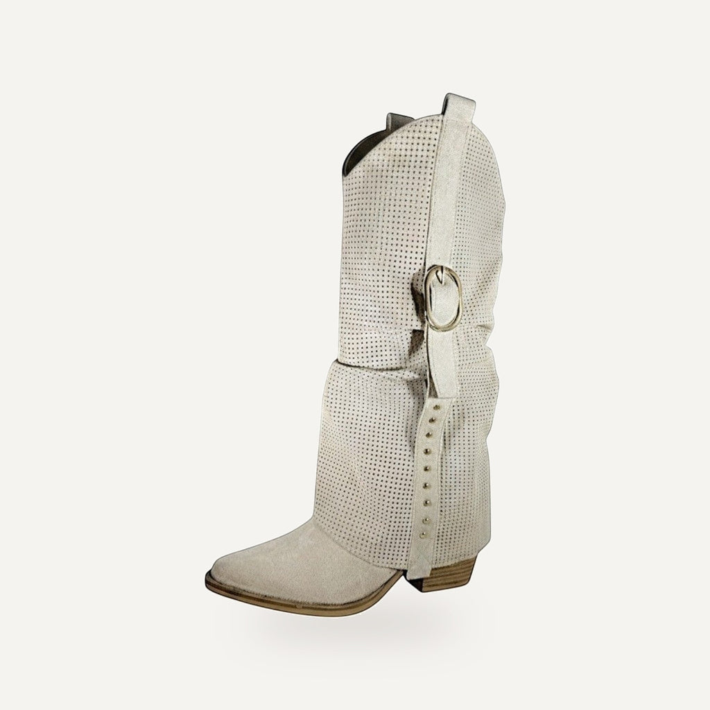 So and Ro cream perforated suede western boots with buckle strap and stud detailing.