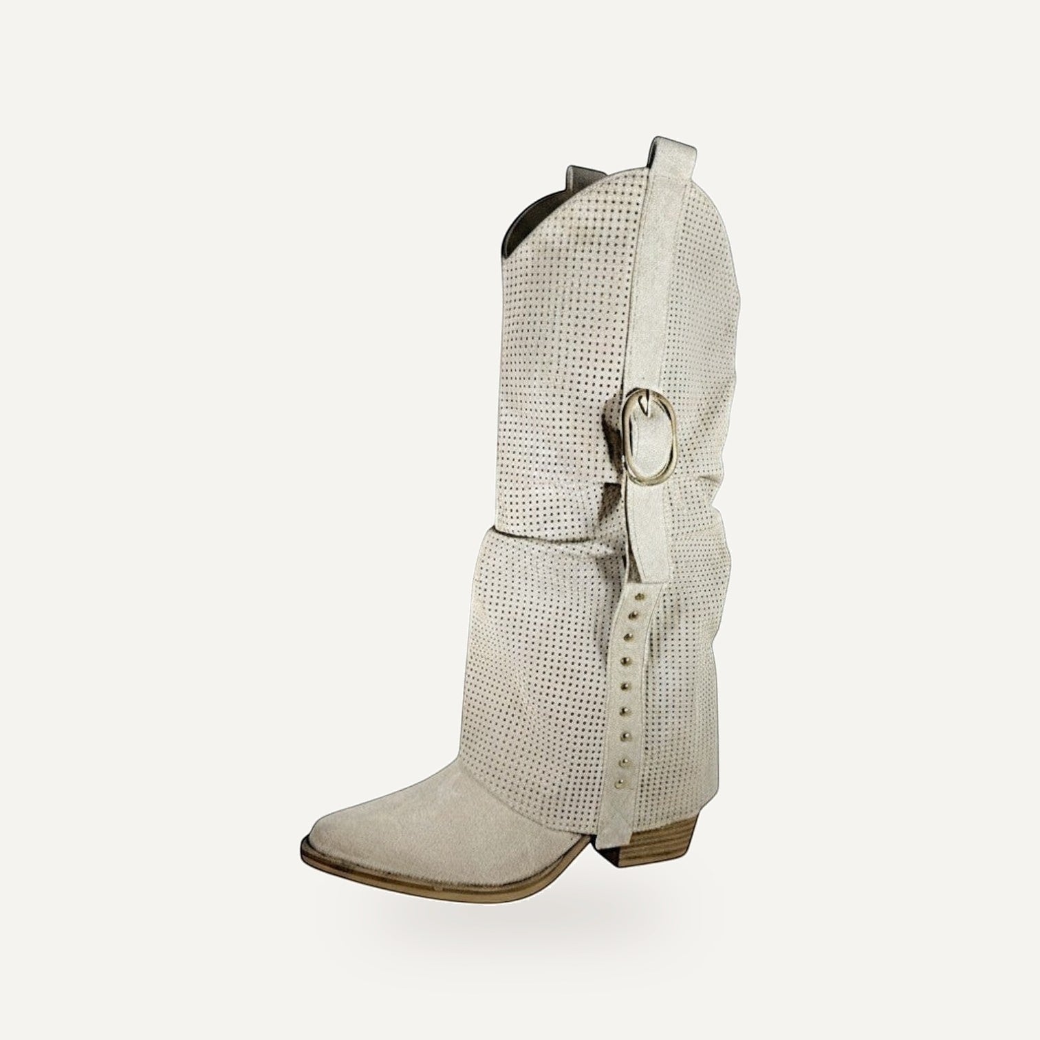 Beige perforated festival laarzen dames met franje en slouch design - boho western boots