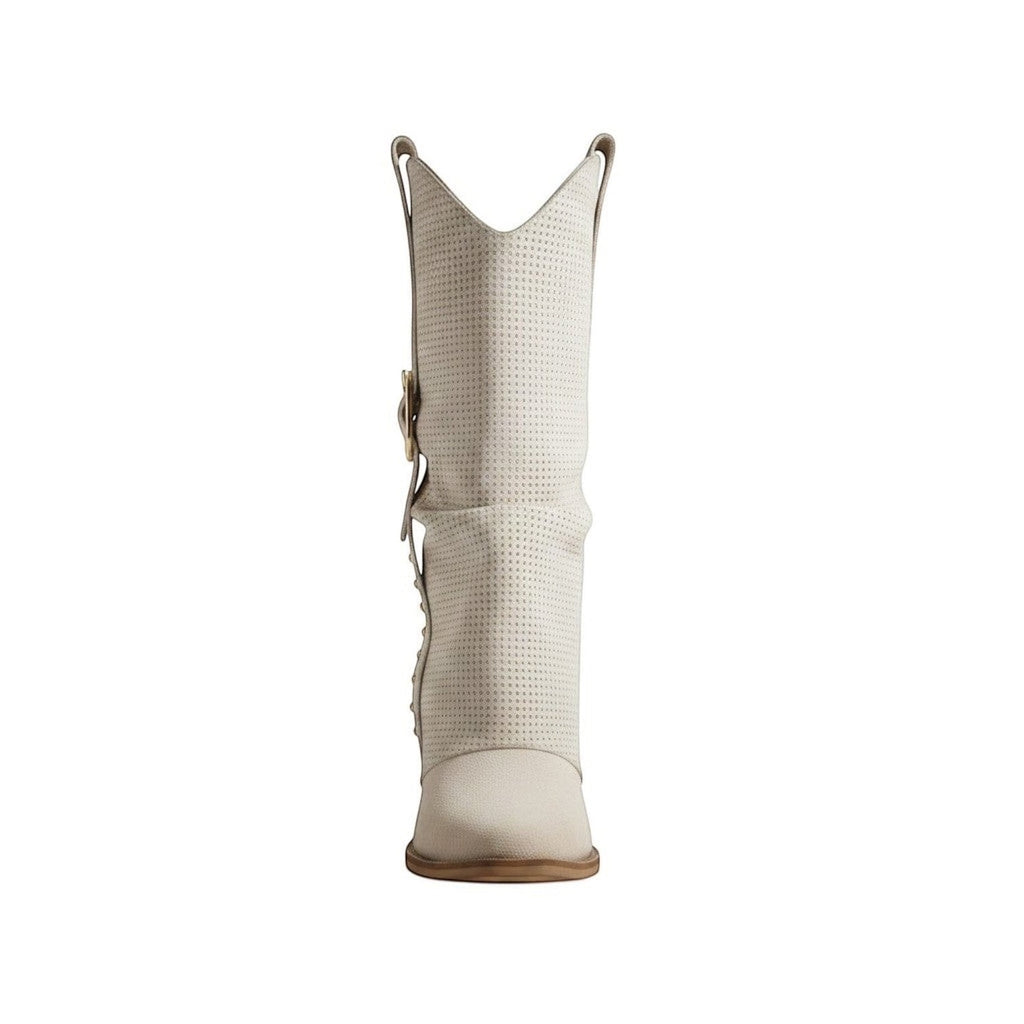 So and Ro cream suede western boots with perforated detail, buckle strap, and stud accents.