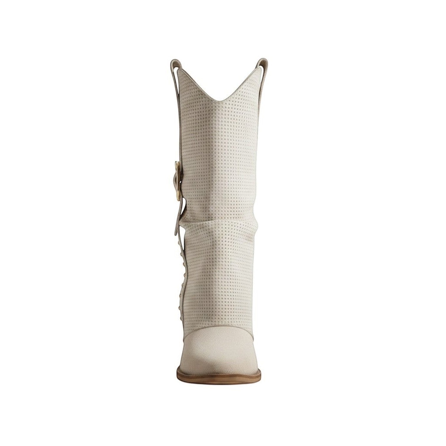 So and Ro cream suede western boots with perforated detail, buckle strap, and stud accents.