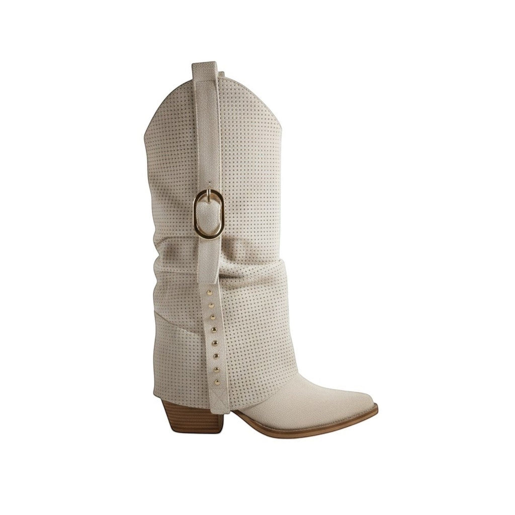 So and Ro cream perforated suede western boots with buckle strap and stud detailing.