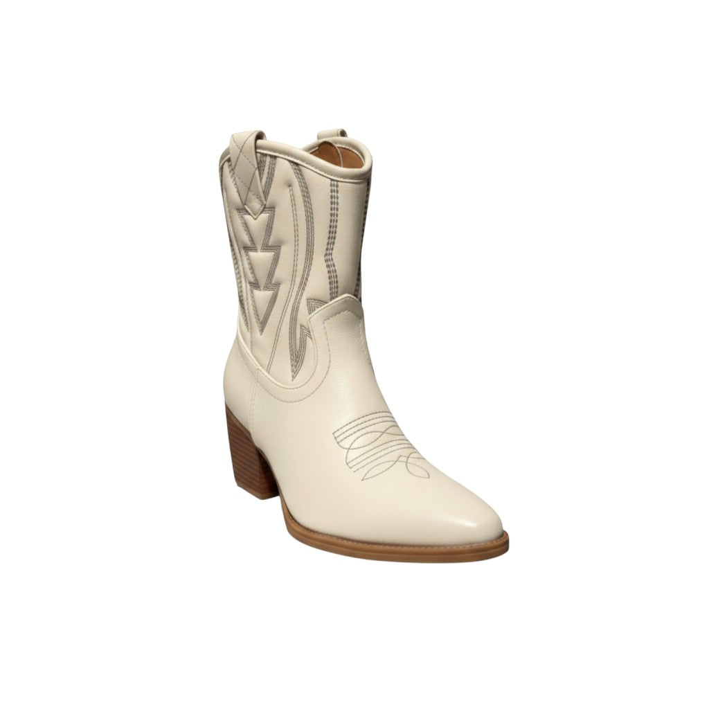 So and Ro cream faux leather Western boots with tonal embroidery and pointed toe.