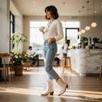 So and Ro cream faux leather western boots with tonal embroidery and pointed toe, worn by a woman at a festival.