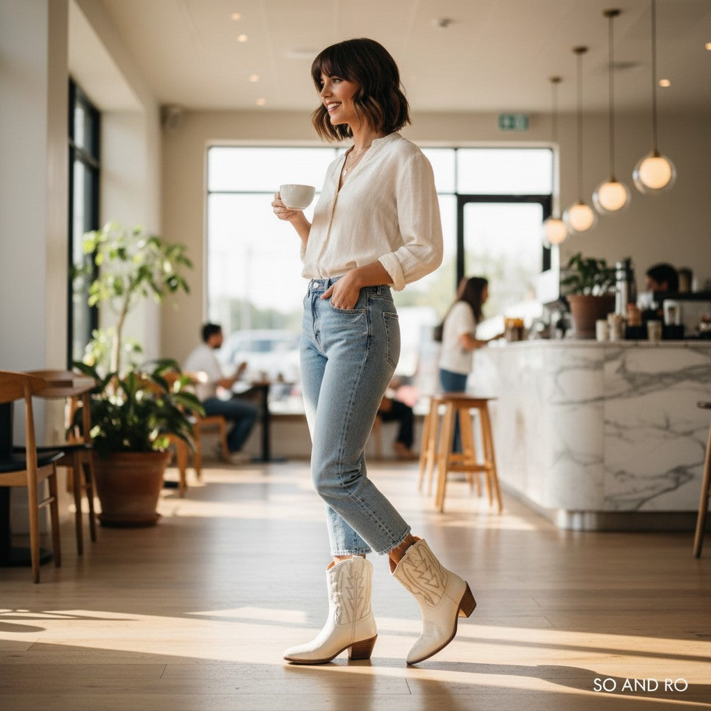 So and Ro cream faux leather western boots with tonal embroidery and pointed toe, worn by a woman at a festival.