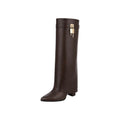 So and Ro dark brown faux leather knee-high boots with fold-over shaft and gold padlock detail.