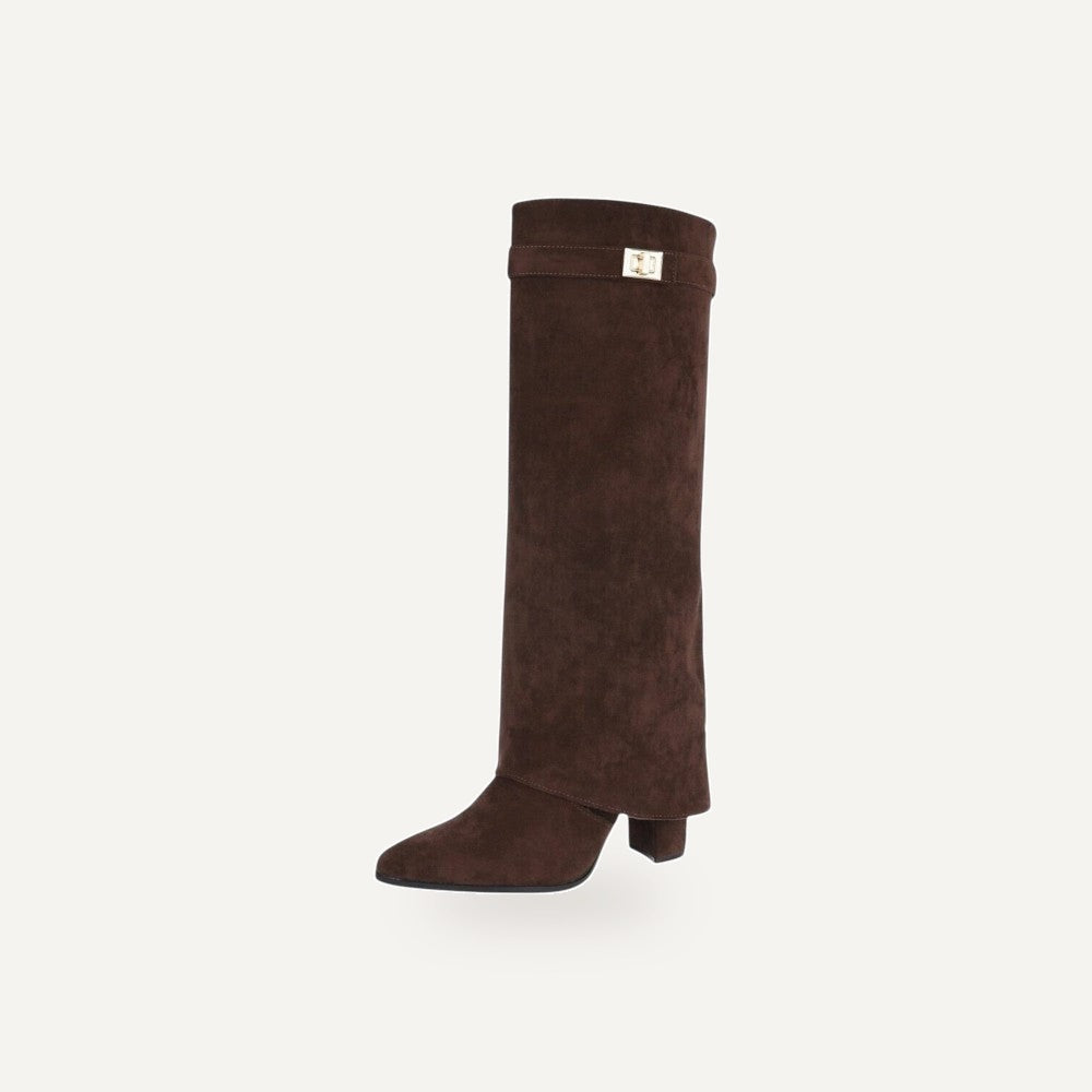 So and Ro dark brown suede look knee-high boots with foldover cuff and gold buckle detail.
