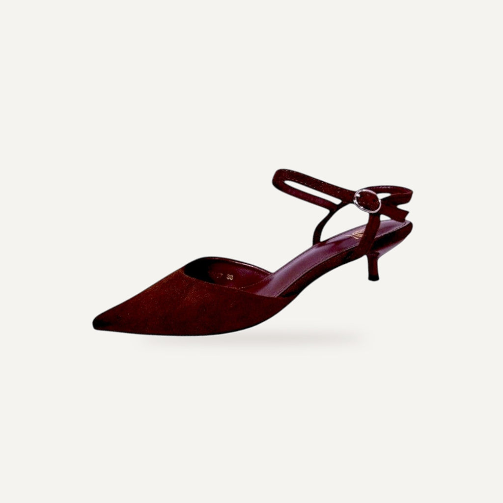So and Ro dark brown suede pointed toe kitten heel slingback shoes with ankle strap and buckle.