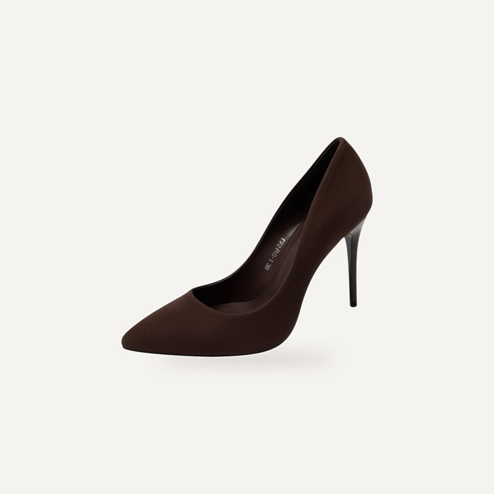 So and Ro dark brown suede pointed-toe stiletto pumps with a sleek heel.