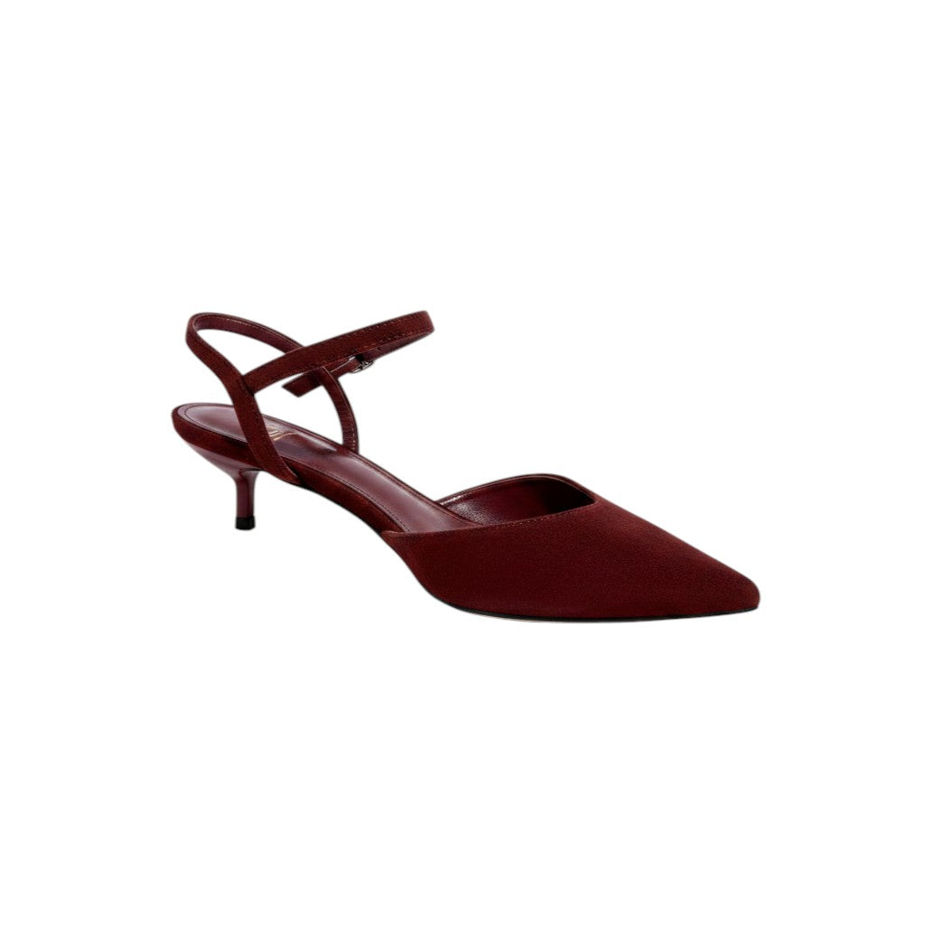 So and Ro dark brown suede pointed toe slingback heels with ankle strap and kitten heel.
